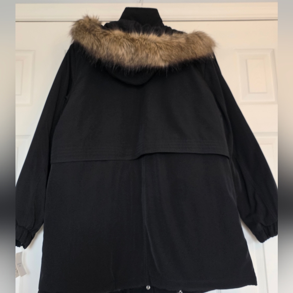 NWT Croft & Barrow Women's Black Parka Coat with Faux Fur Hood, Size XL - Picture 3 of 13